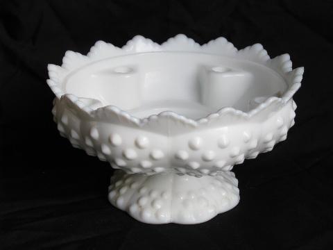 photo of vintage flower or ivy centerpiece candle bowl, milk white hobnail glass marked Fenton #1