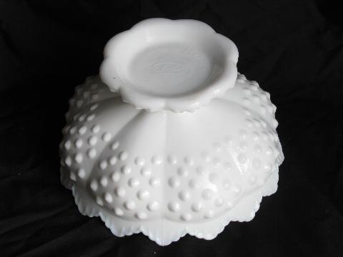 photo of vintage flower or ivy centerpiece candle bowl, milk white hobnail glass marked Fenton #3