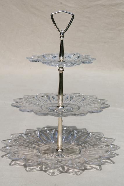 photo of vintage flower petal Federal glass serving pieces & tiered plate cake stand sandwich tray #2