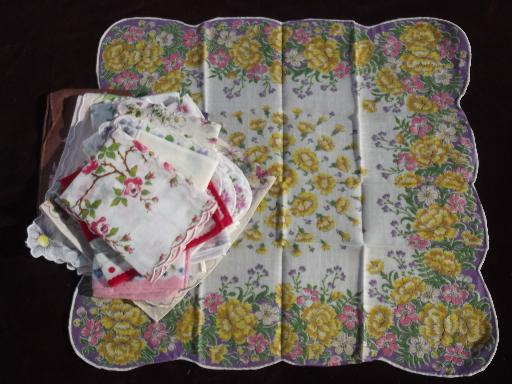 photo of vintage flower print hankies lot, printed cotton handkerchiefs, all florals #1