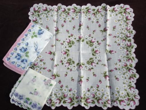 photo of vintage flower print hankies lot, printed cotton handkerchiefs, all florals #3