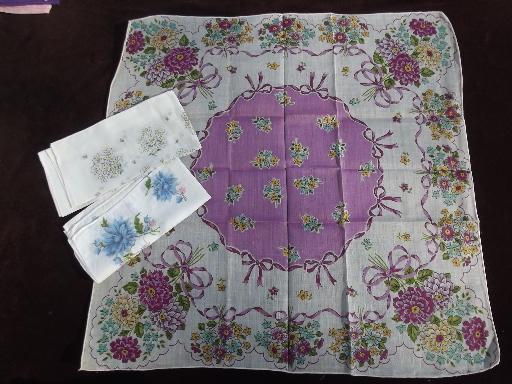 photo of vintage flower print hankies lot, printed cotton handkerchiefs, all florals #5