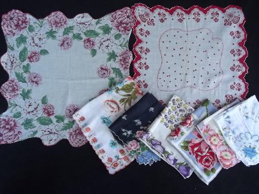 photo of vintage flower print hankies lot, printed cotton handkerchiefs, all florals #1