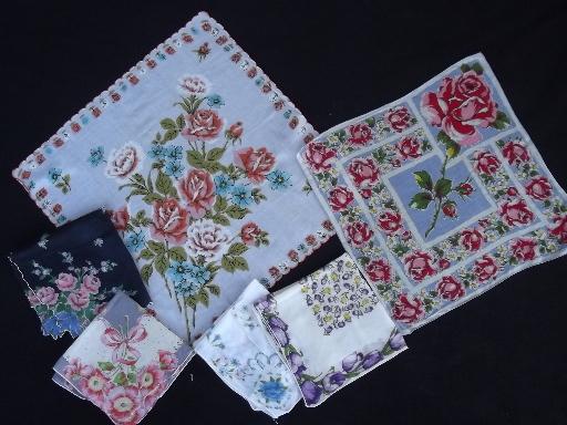 photo of vintage flower print hankies lot, printed cotton handkerchiefs, all florals #2