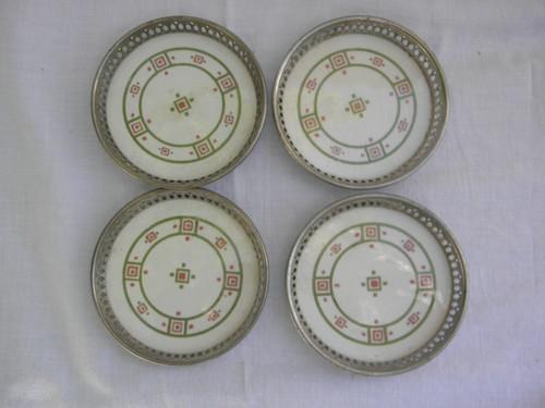 photo of vintage flowered china coasters set, German silver nickel settings #1