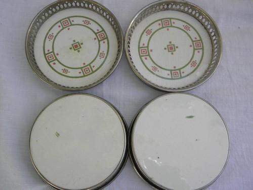 photo of vintage flowered china coasters set, German silver nickel settings #2