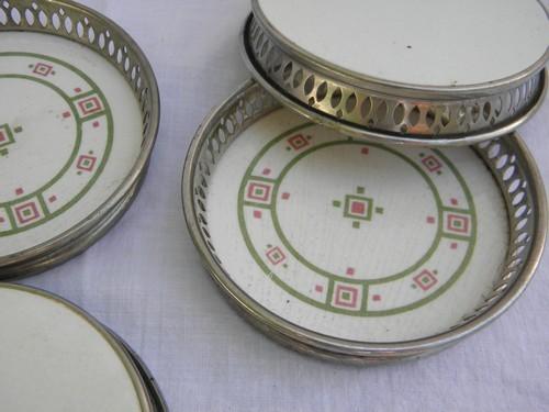 photo of vintage flowered china coasters set, German silver nickel settings #3