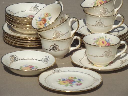 photo of vintage flowered china tea set for 6, teacups & saucers w/ dessert plates #2