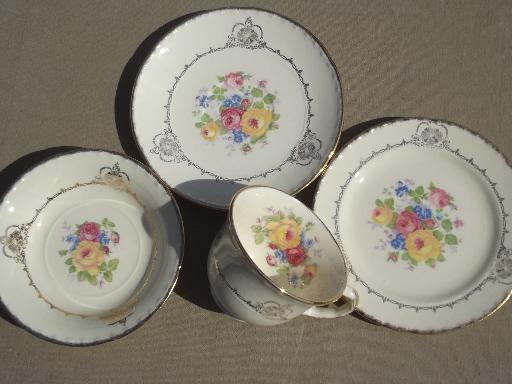 photo of vintage flowered china tea set for 6, teacups & saucers w/ dessert plates #4