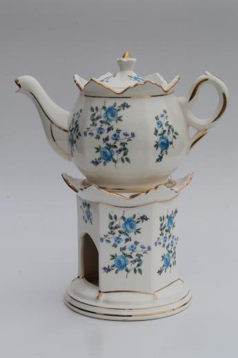 photo of vintage flowered china teapot w/ candle warmer stand, buffet table tea pot #1