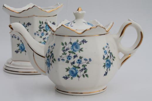 photo of vintage flowered china teapot w/ candle warmer stand, buffet table tea pot #8