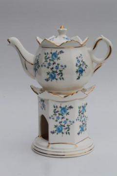 catalog photo of vintage flowered china teapot w/ candle warmer stand, buffet table tea pot