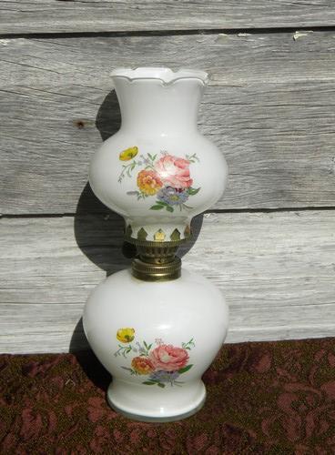 photo of vintage flowered glass oil or kerosene lamp, white with roses #1