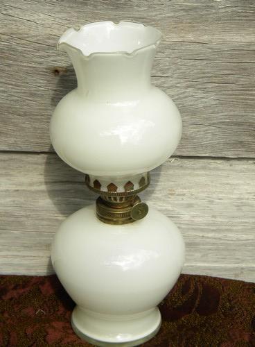 photo of vintage flowered glass oil or kerosene lamp, white with roses #2