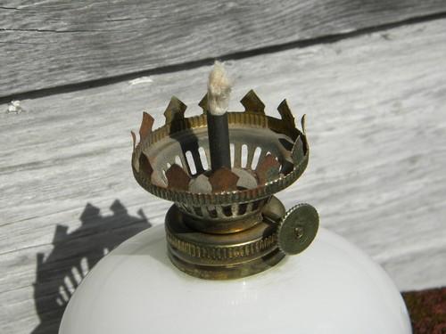 photo of vintage flowered glass oil or kerosene lamp, white with roses #3