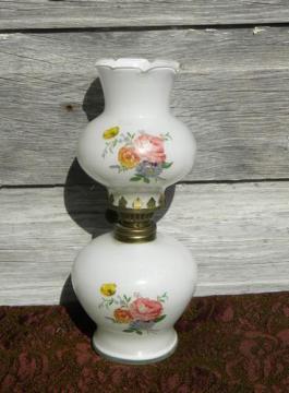 catalog photo of vintage flowered glass oil or kerosene lamp, white with roses