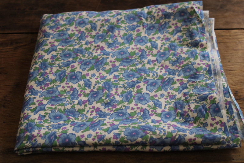 photo of vintage flowered print cotton quilting fabric, blue & lavender purple floral #1