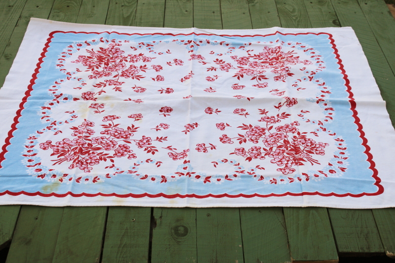 photo of vintage flowered print cotton tablecloth, sweet cottagecore floral blue pink red scalloped border  #1