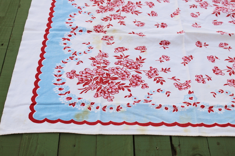 photo of vintage flowered print cotton tablecloth, sweet cottagecore floral blue pink red scalloped border  #2