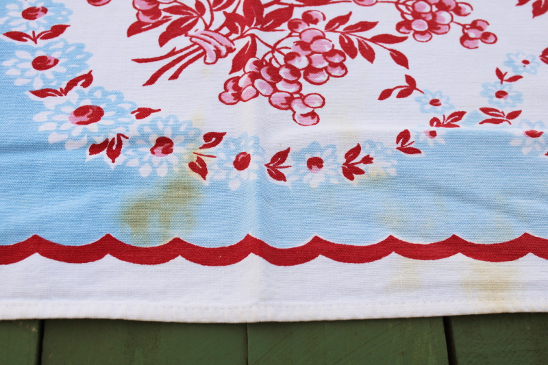 photo of vintage flowered print cotton tablecloth, sweet cottagecore floral blue pink red scalloped border  #3