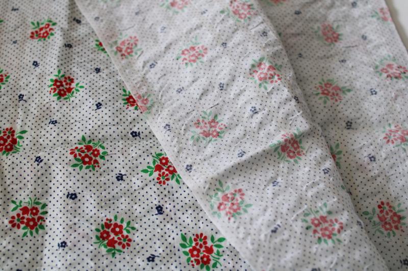 photo of vintage flowered print fabric, soft light plisse crinkle cotton, red navy green on white #1