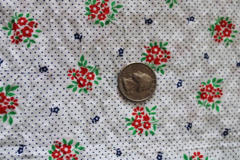 photo of vintage flowered print fabric, soft light plisse crinkle cotton, red navy green on white #2