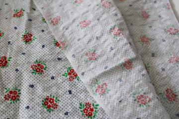 catalog photo of vintage flowered print fabric, soft light plisse crinkle cotton, red navy green on white