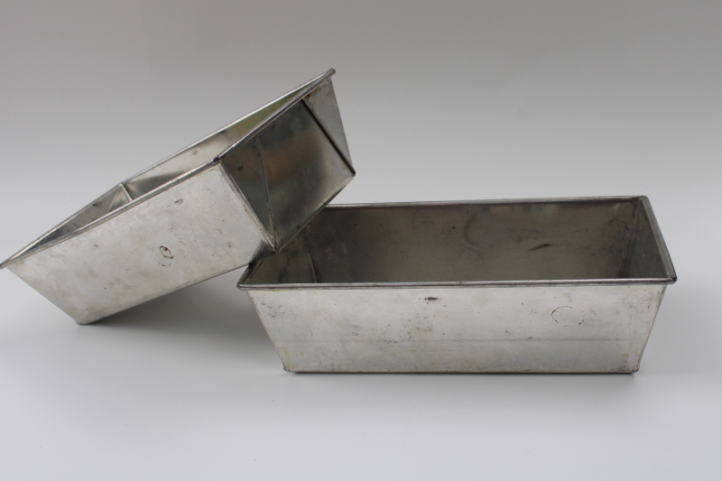 photo of vintage folded steel bread loaf pans embossed Py O My baking mix advertising #2