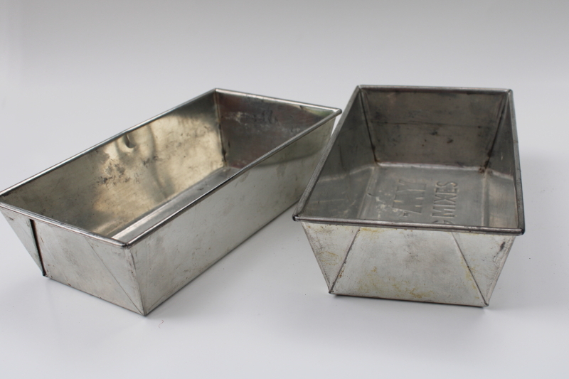 photo of vintage folded steel bread loaf pans embossed Py O My baking mix advertising #5