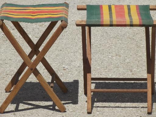 photo of vintage folding wood camp stools, striped canvas camping seat stool set  #2