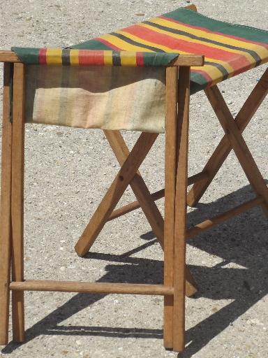 photo of vintage folding wood camp stools, striped canvas camping seat stool set  #3