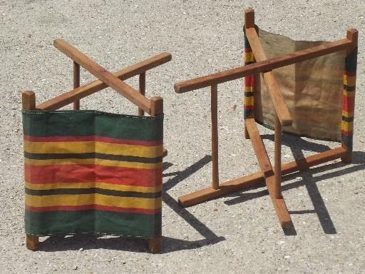 photo of vintage folding wood camp stools, striped canvas camping seat stool set  #4