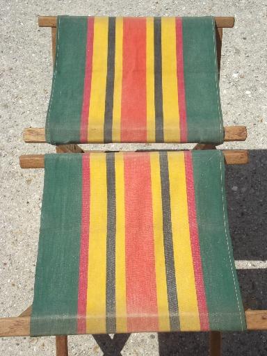 photo of vintage folding wood camp stools, striped canvas camping seat stool set  #5
