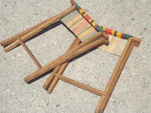 photo of vintage folding wood camp stools, striped canvas camping seat stool set  #6