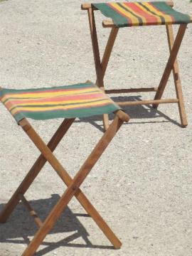 catalog photo of vintage folding wood camp stools, striped canvas camping seat stool set 