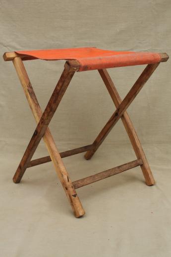 photo of vintage folding wood stool, rustic camp furniture portable canvas seat #1