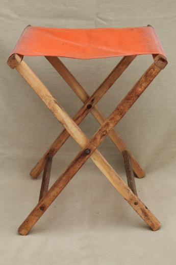 photo of vintage folding wood stool, rustic camp furniture portable canvas seat #2