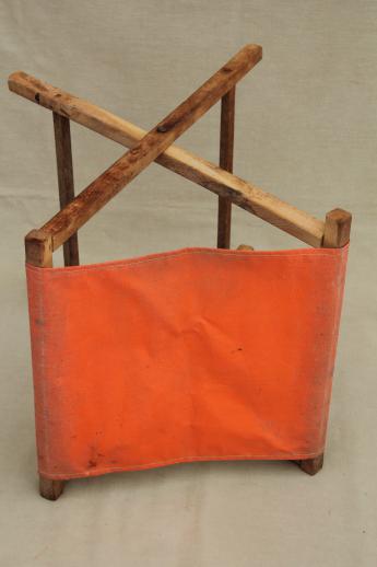 photo of vintage folding wood stool, rustic camp furniture portable canvas seat #4