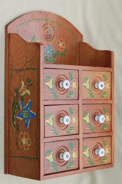 photo of vintage folk art hand painted wood spice box, wall hanging cabinet w/ little drawers #1