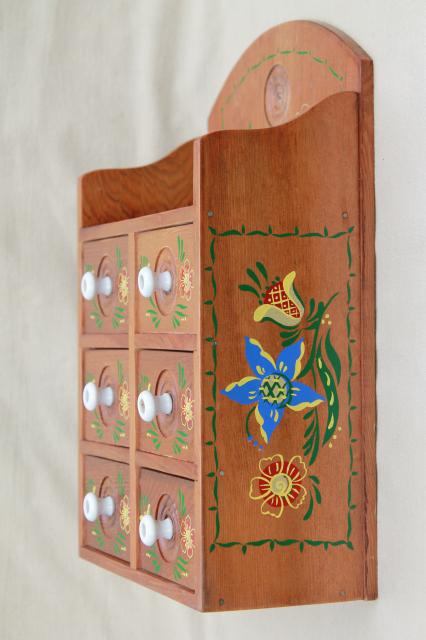 photo of vintage folk art hand painted wood spice box, wall hanging cabinet w/ little drawers #4