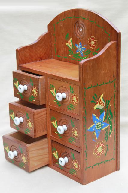 photo of vintage folk art hand painted wood spice box, wall hanging cabinet w/ little drawers #5