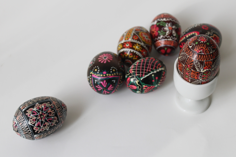 photo of vintage folk art, hand painted wooden Easter eggs, dark brown & black w/ bright colors #2