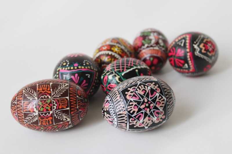 photo of vintage folk art, hand painted wooden Easter eggs, dark brown & black w/ bright colors #3