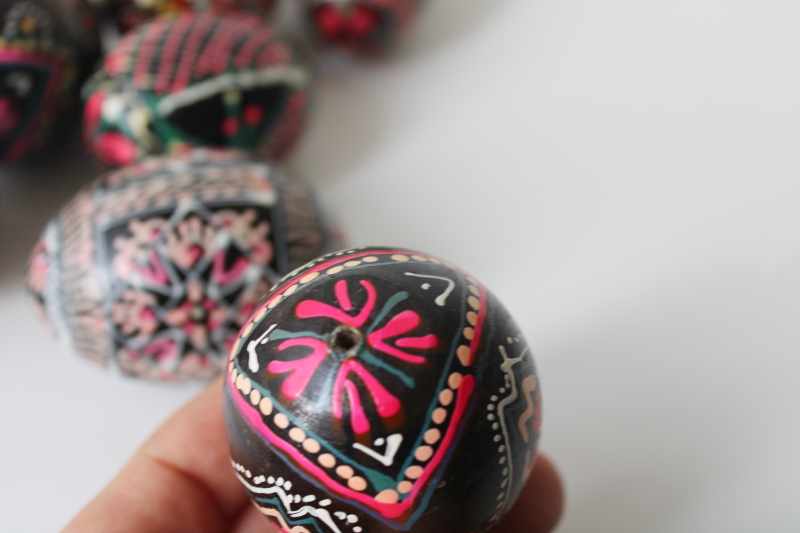 photo of vintage folk art, hand painted wooden Easter eggs, dark brown & black w/ bright colors #5