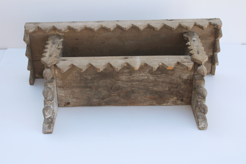 photo of vintage folk art sawtooth edge wood niche shelf, shabby white paint rustic chalet style  #10