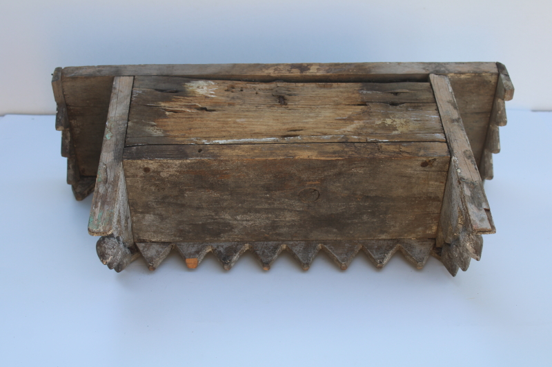 photo of vintage folk art sawtooth edge wood niche shelf, shabby white paint rustic chalet style  #13