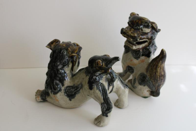 photo of vintage foo dogs, rustic handmade slab art pottery ceramic little lion fu pair #9