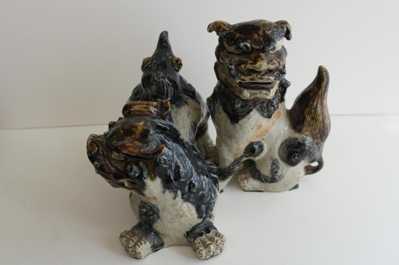 photo of vintage foo dogs, rustic handmade slab art pottery ceramic little lion fu pair #10