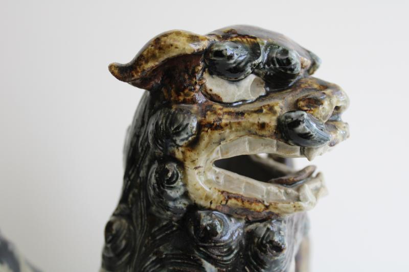 photo of vintage foo dogs, rustic handmade slab art pottery ceramic little lion fu pair #11