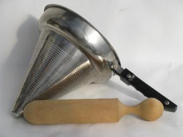 catalog photo of vintage food mill, stainless steel strainer sieve cone and wood masher